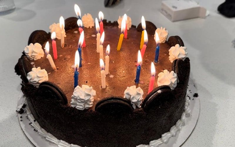 A chocolate cake with candles on top of it.